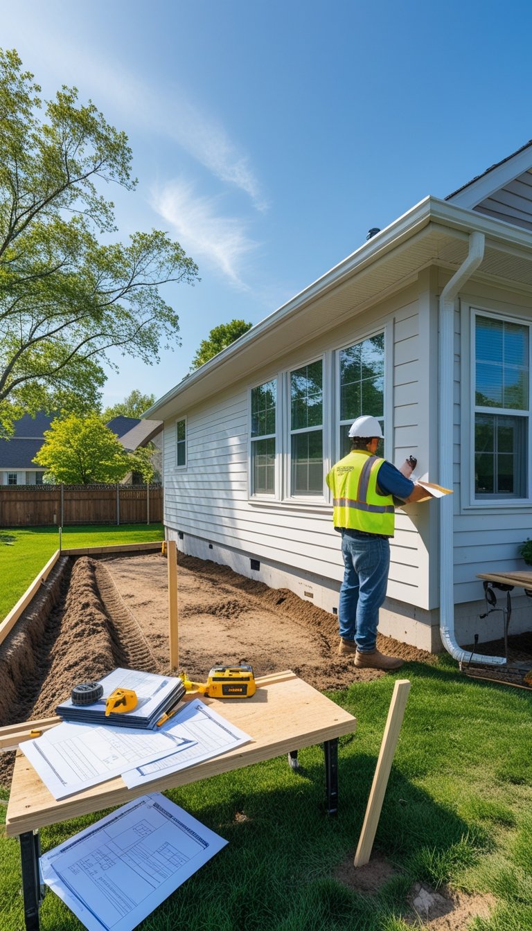 A contractor reviews permit papers next to a prepared backyard area for building a deck attached to a house.