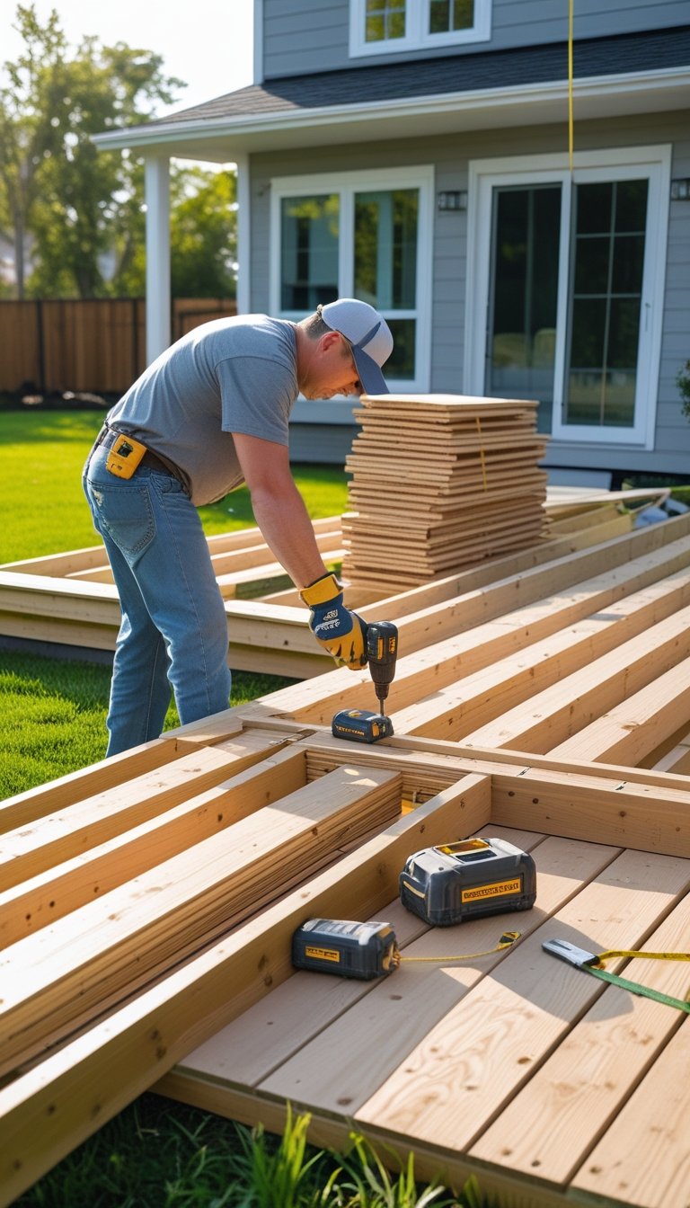 Person assembling a wooden deck frame in a backyard with tools and lumber around them.