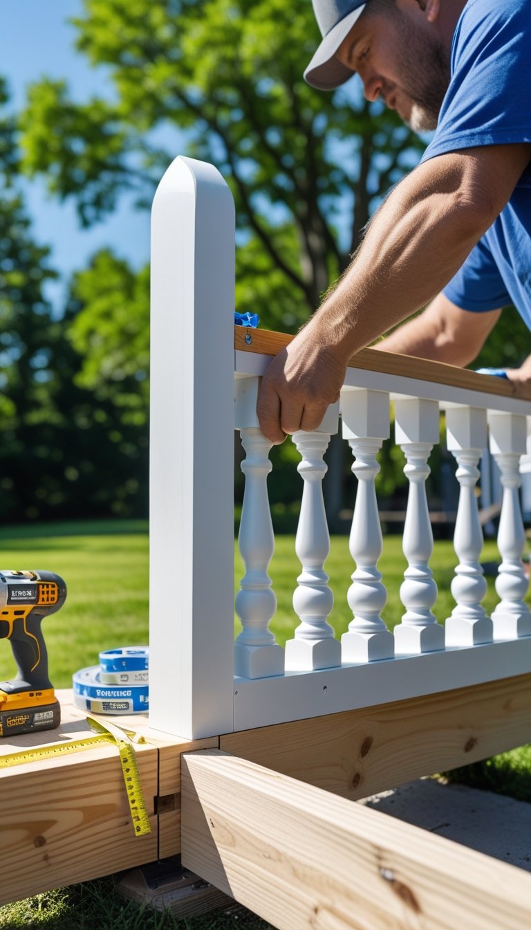 A person installing white wooden balusters and decorative panels on a wooden deck gate outdoors.