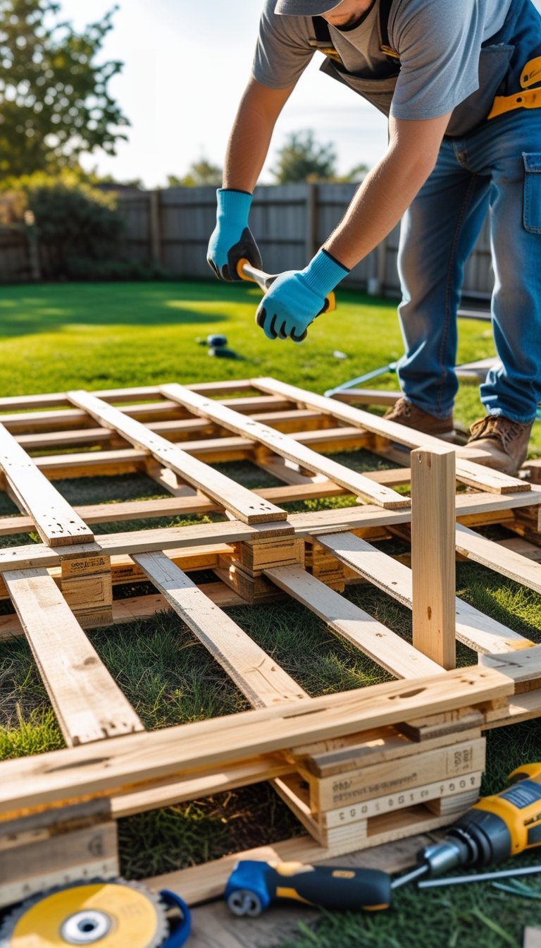 A person assembling a wooden deck frame outdoors using repurposed wooden pallets with tools nearby in a sunny backyard.