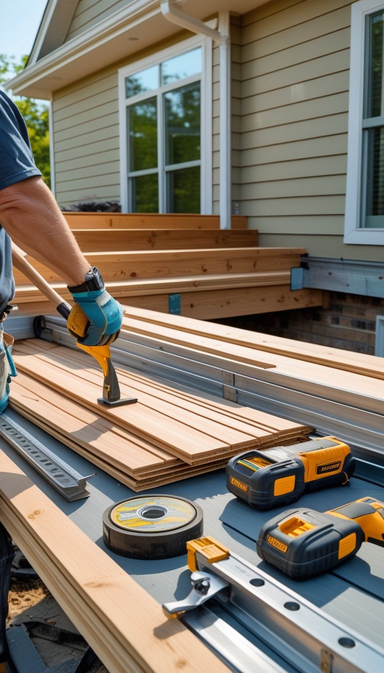 Outdoor workspace with wooden materials and tools arranged next to a house preparing for deck construction.