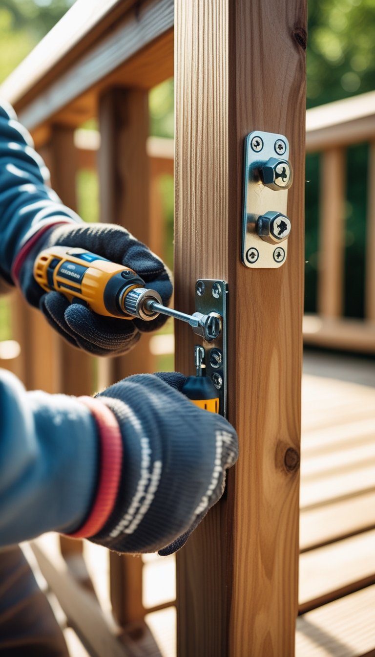Close-up of hands attaching metal hinges and a latch to a wooden deck gate outdoors.