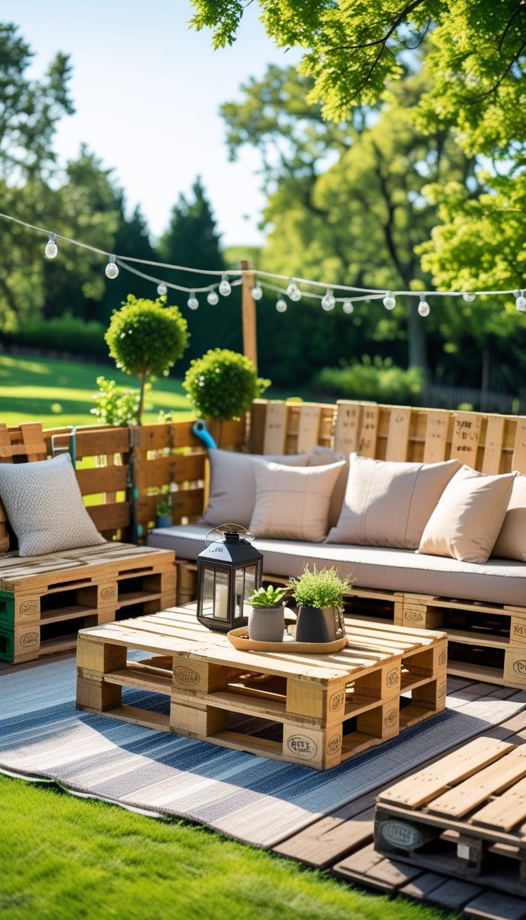 An outdoor pallet deck furnished with cushioned seating, a coffee table, and string lights, set in a backyard with grass and trees.