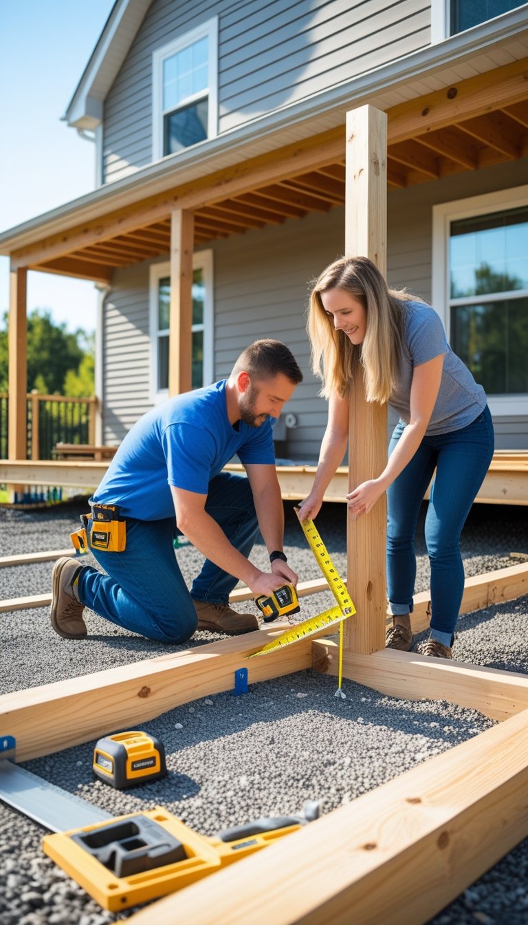 Two people measuring and positioning wooden posts on the ground to build a deck next to a house.