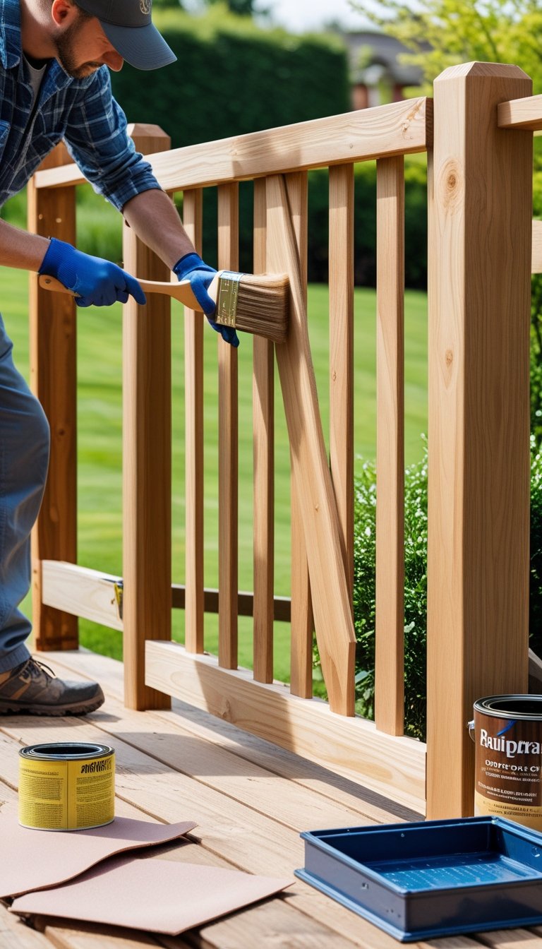 A person applying protective finish to a wooden deck gate in a backyard.