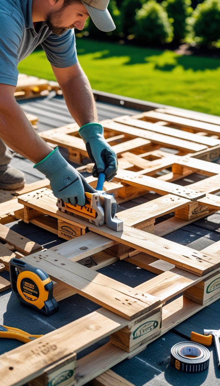 A person wearing gloves assembling a wooden deck outdoors using pallets with tools nearby in a backyard.