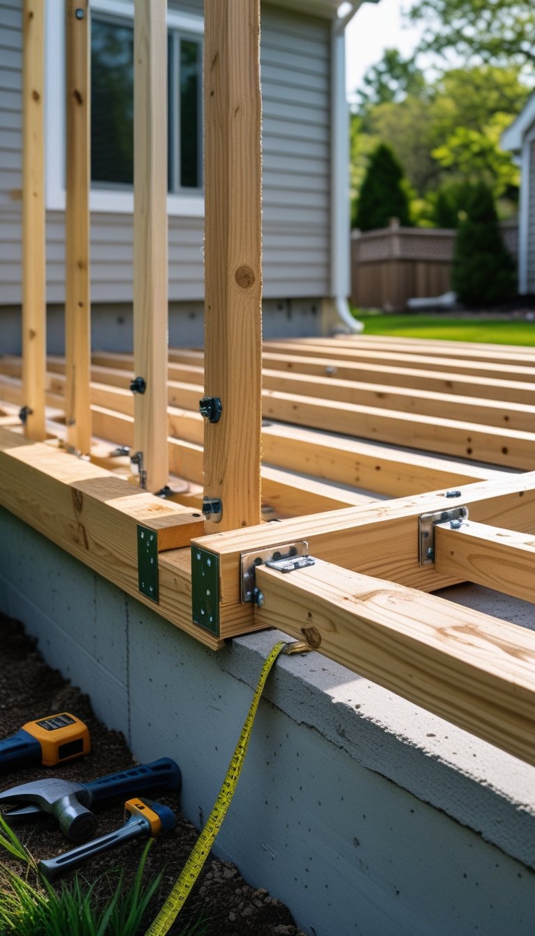 Close-up of wooden deck framing attached to a house with beams and joists on a concrete foundation in a backyard.