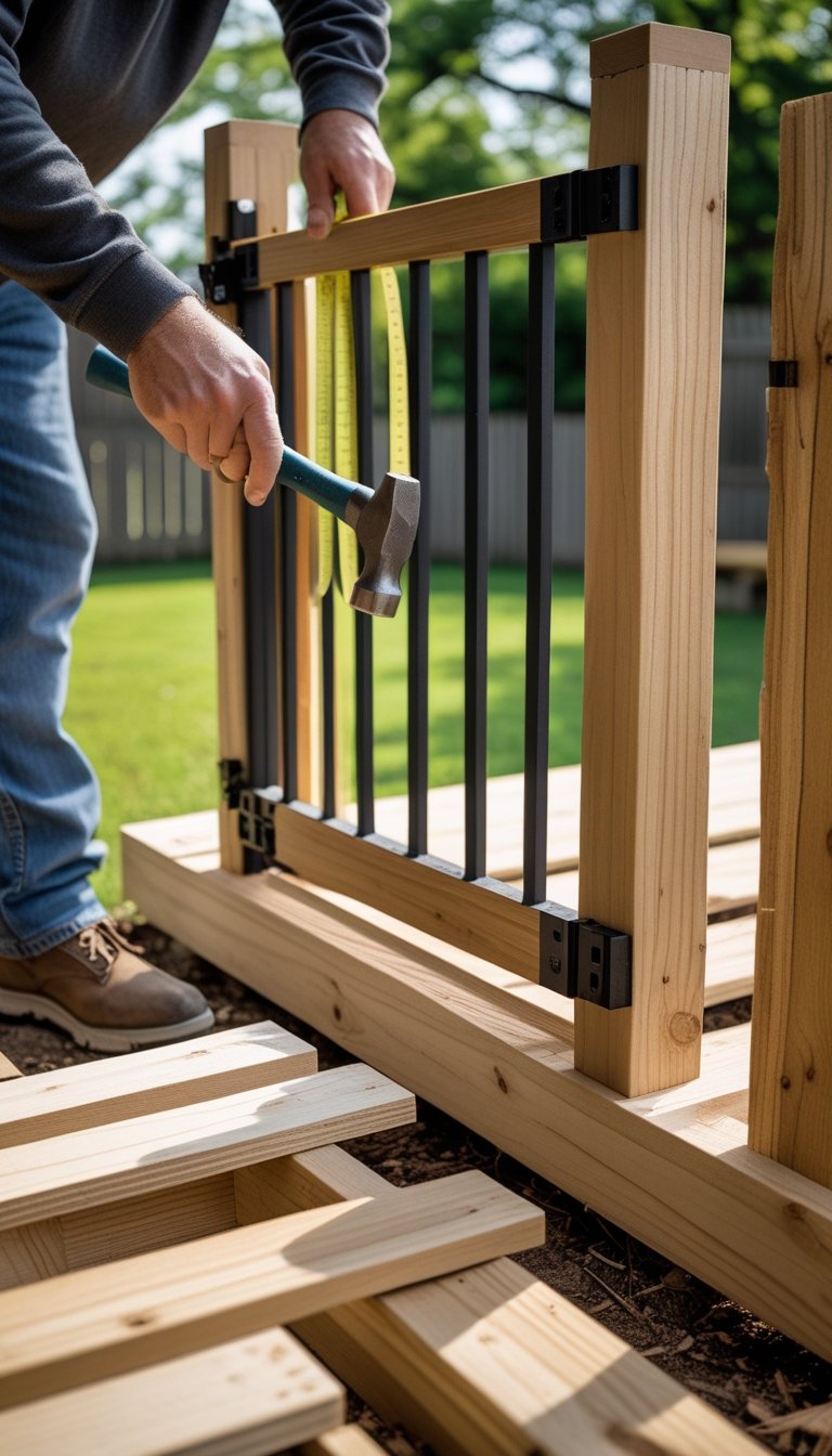 Person building a wooden deck gate outdoors with tools and wooden materials.