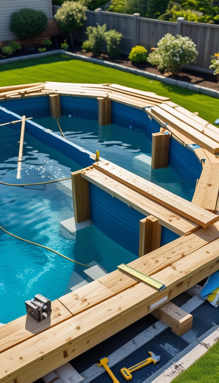Partially built wooden deck surrounding half of an above ground swimming pool in a sunny backyard.