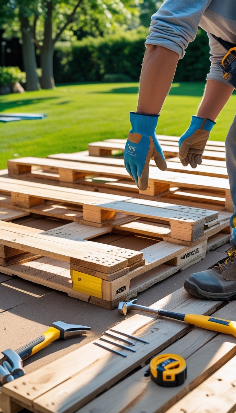 Person assembling wooden pallets outdoors to build a deck in a backyard.