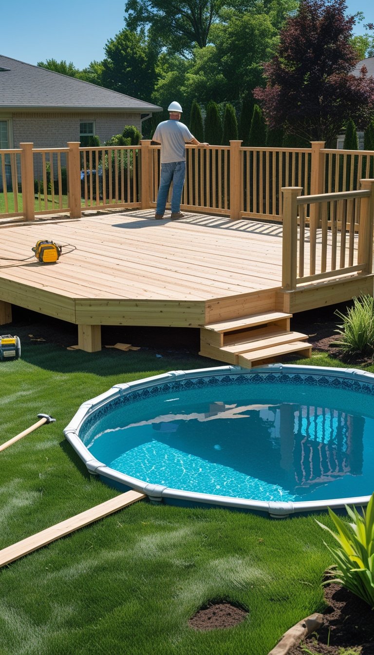 Partially built wooden half deck around a circular above ground pool in a sunny backyard with a person inspecting the construction.