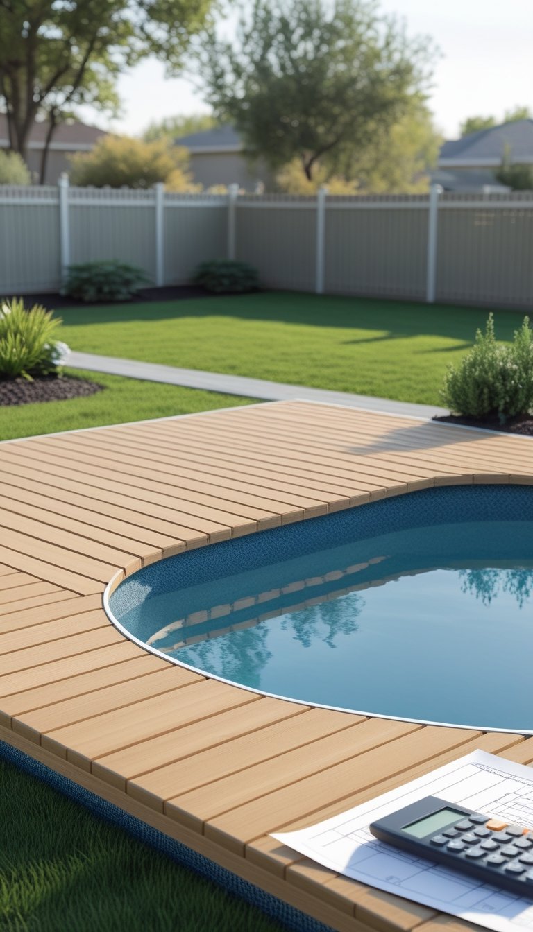 An above ground pool with a half wooden deck around it in a backyard, with a measuring tape, blueprint, and calculator nearby.