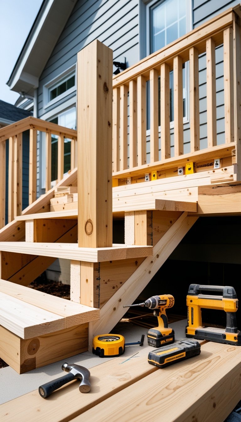 Partially built wooden deck with stairs and railings attached to a house, showing construction materials and tools nearby.