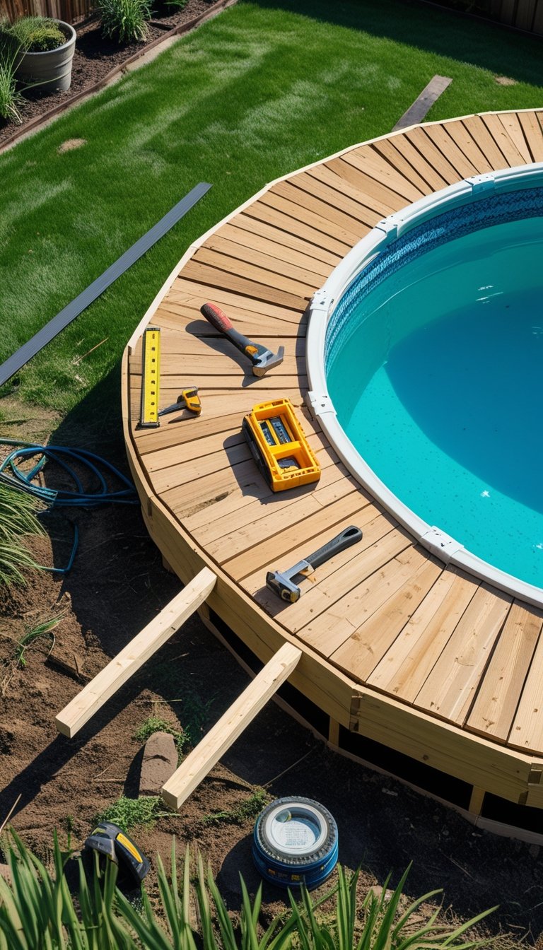 A backyard with a half-built wooden deck around an above ground pool surrounded by grass and garden plants.