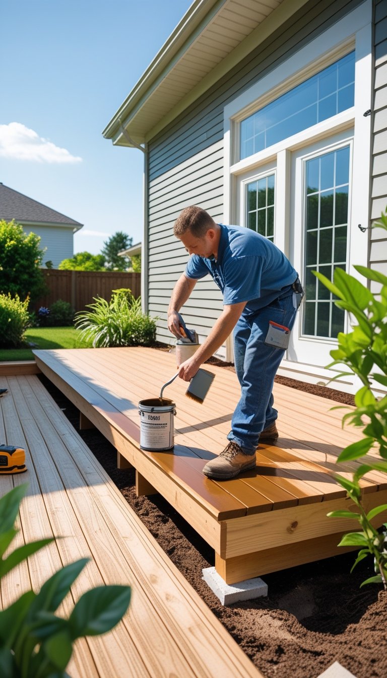 A man applying finish to a wooden deck attached to a house in a sunny backyard.