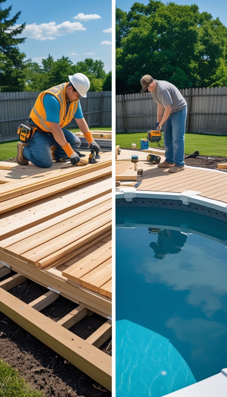 Side-by-side view of a professional worker and a homeowner building a half deck around an above ground pool in a sunny backyard.