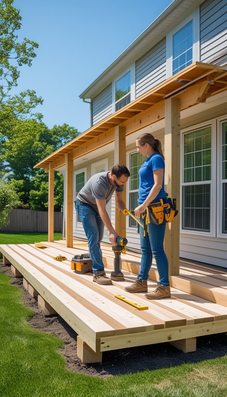 A man and woman building a wooden deck attached to the back of a house in a sunny backyard.