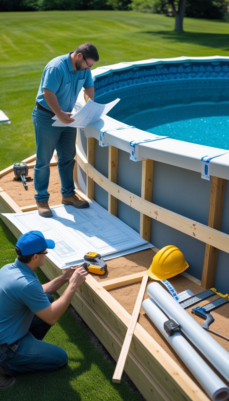 A homeowner and contractor reviewing blueprints next to a partially built half deck around an above ground pool in a backyard.
