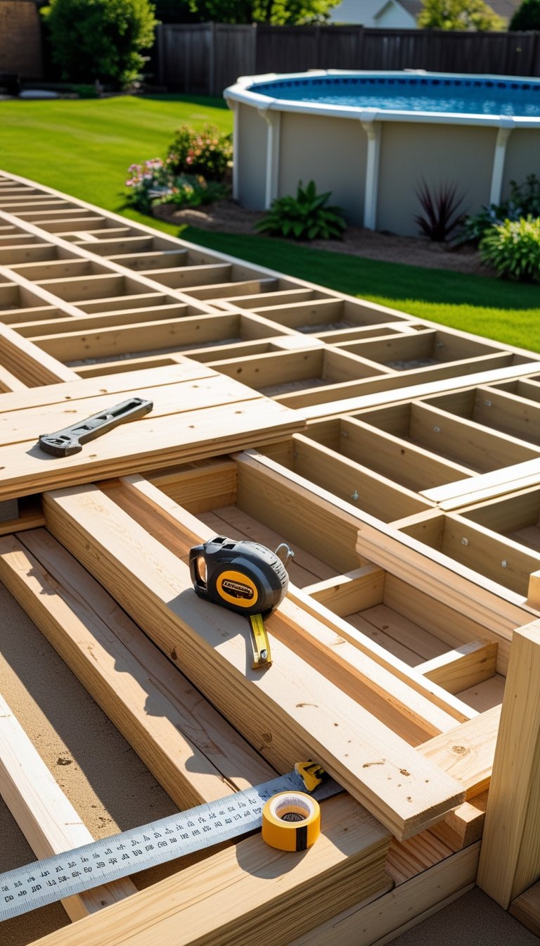 Partially built wooden half deck around an above-ground pool with construction tools on the wooden planks in a sunny backyard.