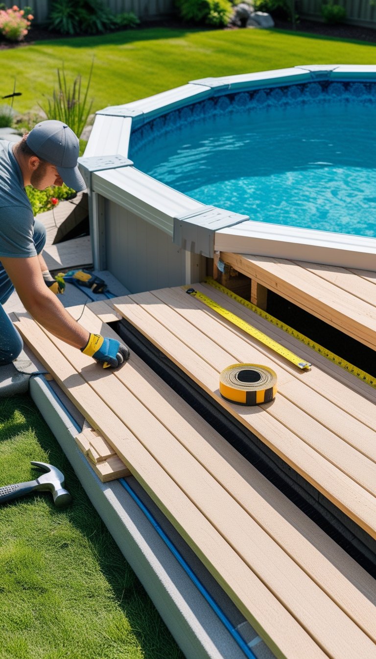 A person building a wooden half deck around an above-ground swimming pool in a sunny backyard.