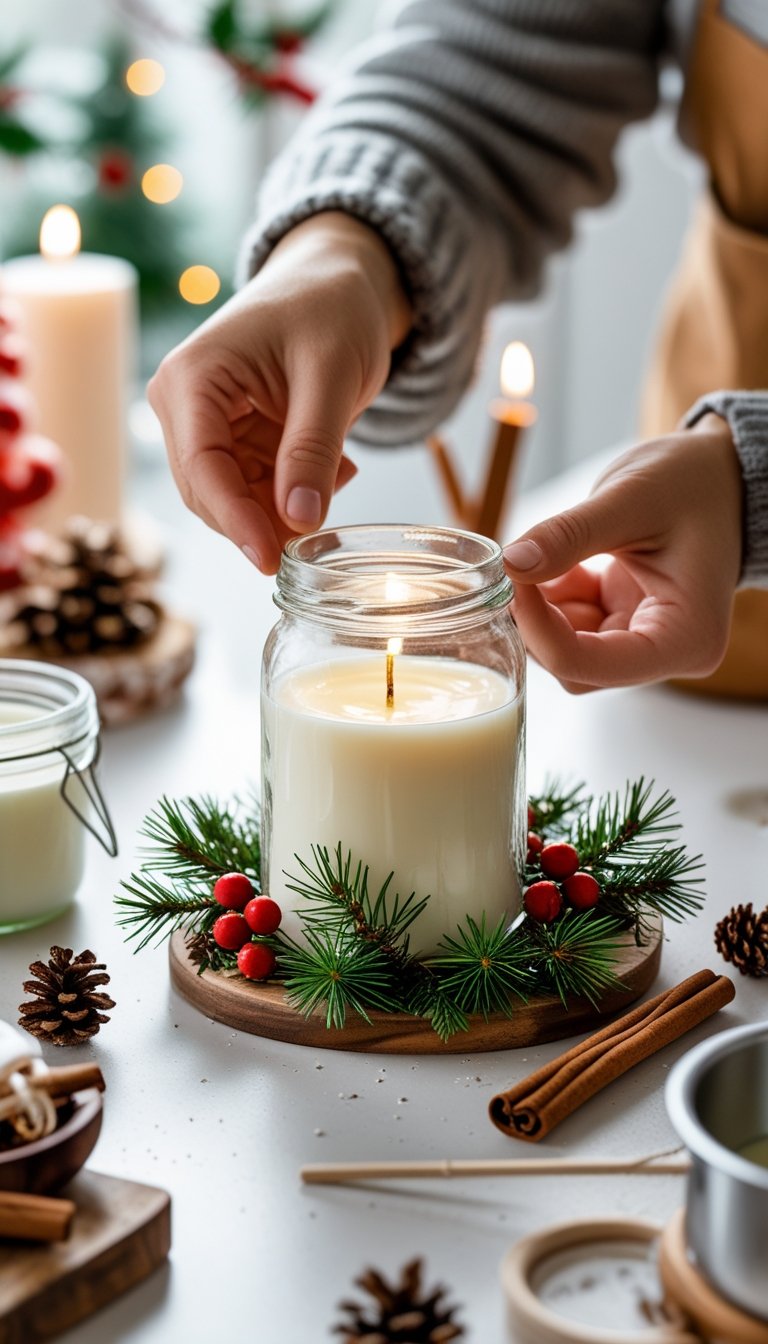 Hands making a DIY Christmas candle jar with wax and festive decorations on a kitchen table.