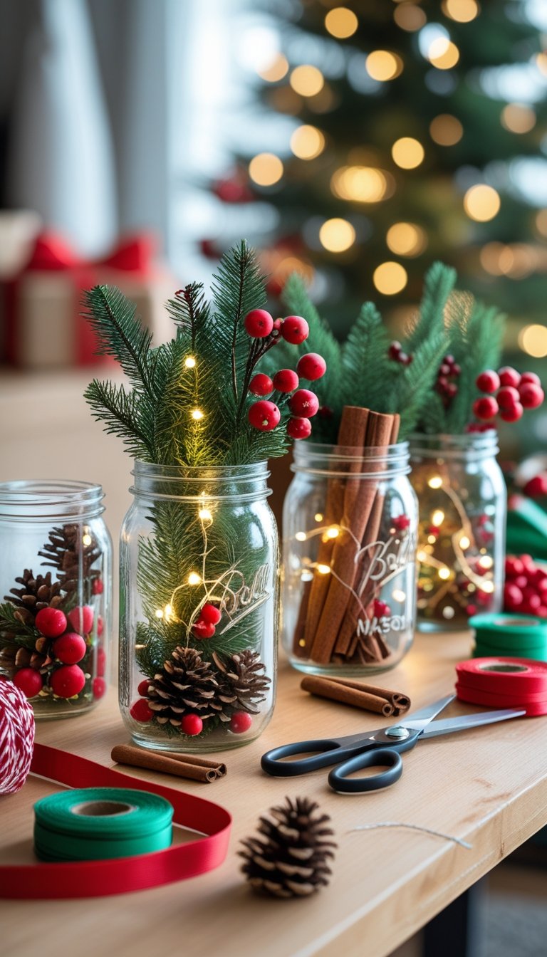 A wooden table with mason jars filled with Christmas decorations and crafting supplies arranged for a DIY holiday project.