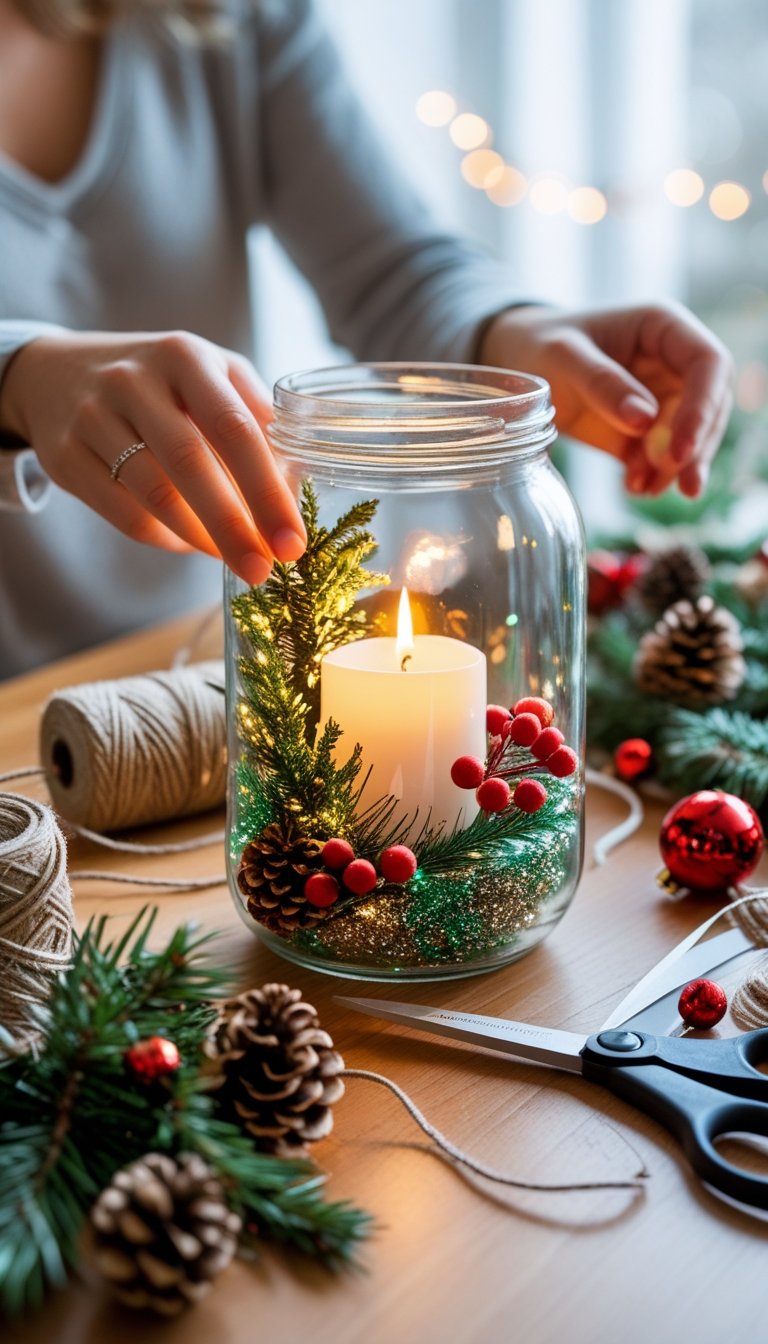Hands making a holiday lantern jar with decorations and a lit candle inside on a wooden table with crafting materials around.