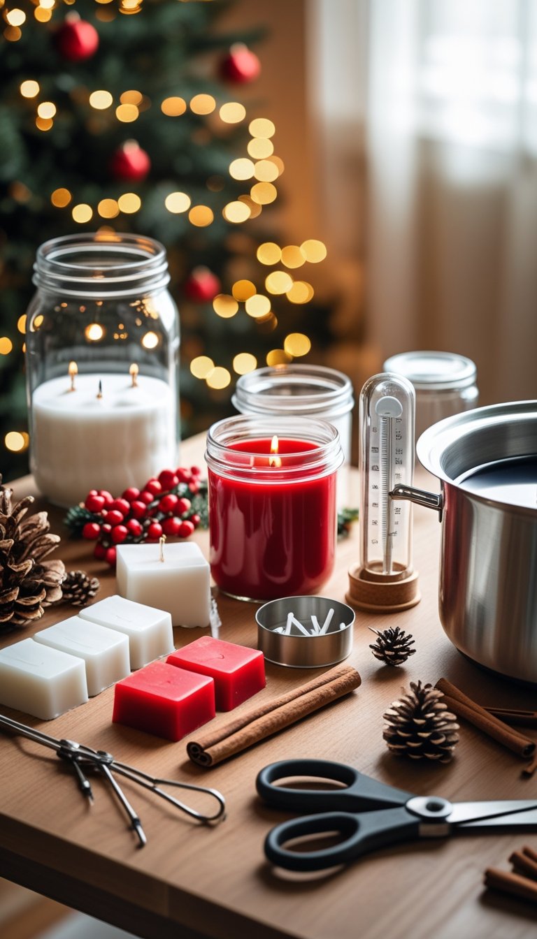 A table with materials and tools for making a DIY Christmas candle jar, including glass jars, wax, wicks, scissors, and festive decorations.