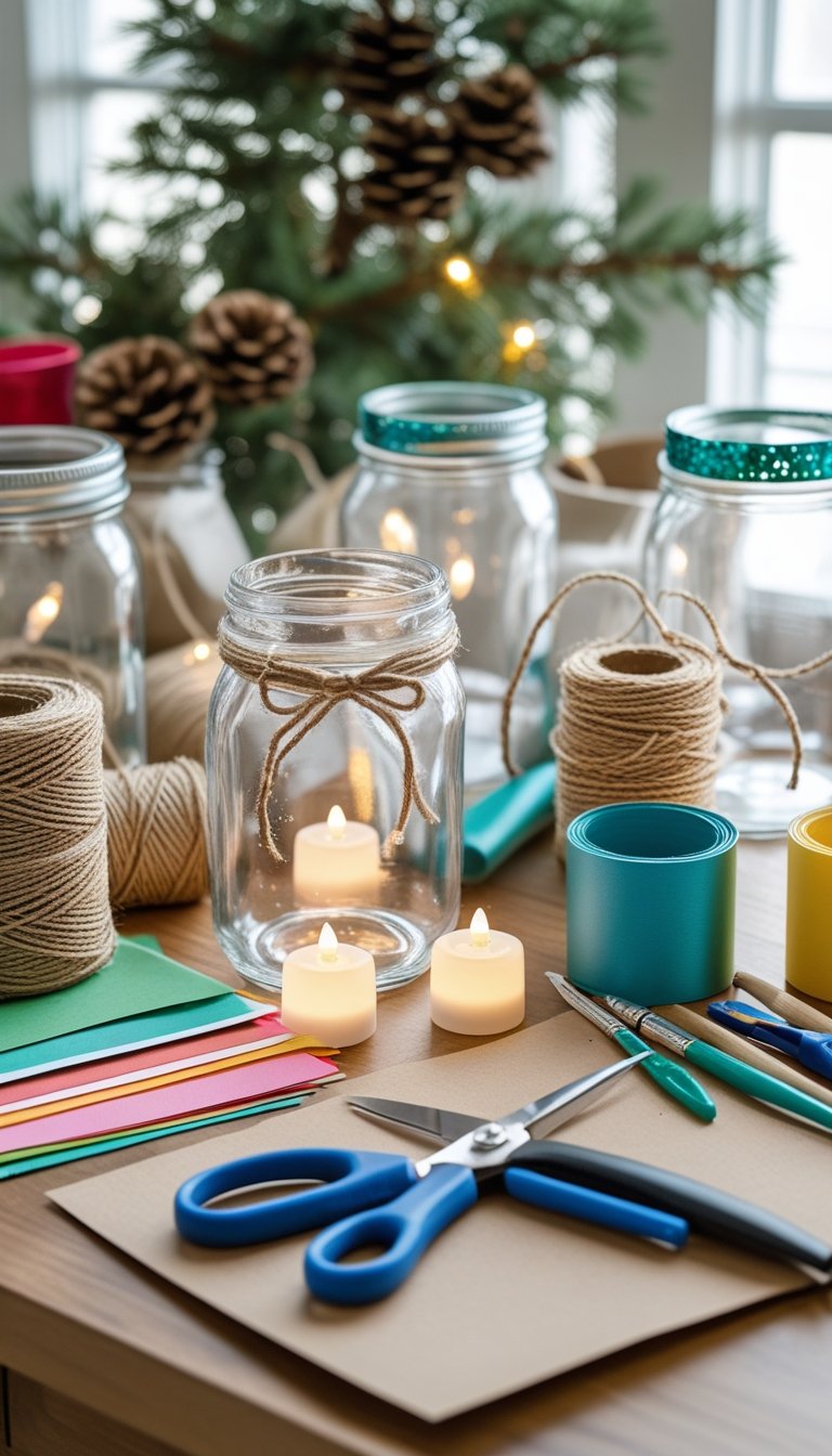 A workspace with glass jars, LED tea lights, ribbons, scissors, glue, and craft supplies arranged neatly on a wooden table for making holiday lantern jars.