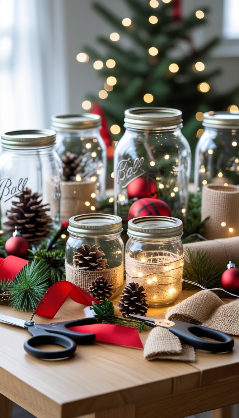 A workspace with mason jars and Christmas craft supplies arranged on a wooden table.