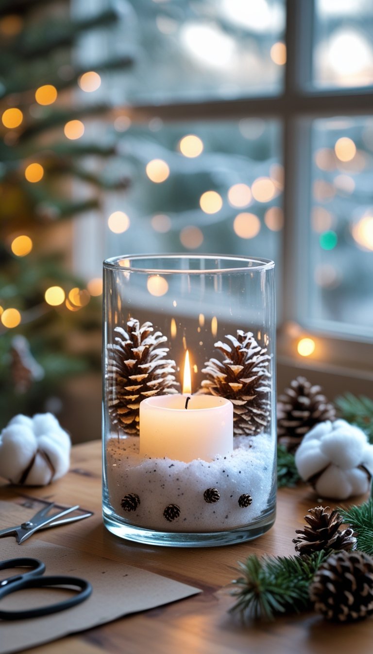 A lit candle inside a homemade snow candle holder on a wooden table surrounded by crafting supplies and winter decorations.