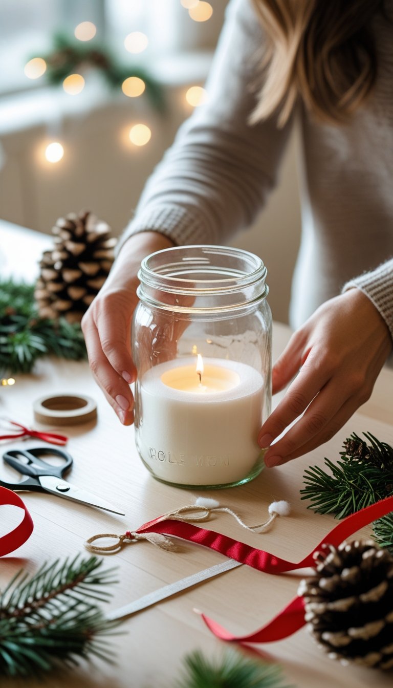 Hands preparing a glass jar on a wooden table with Christmas craft supplies around.