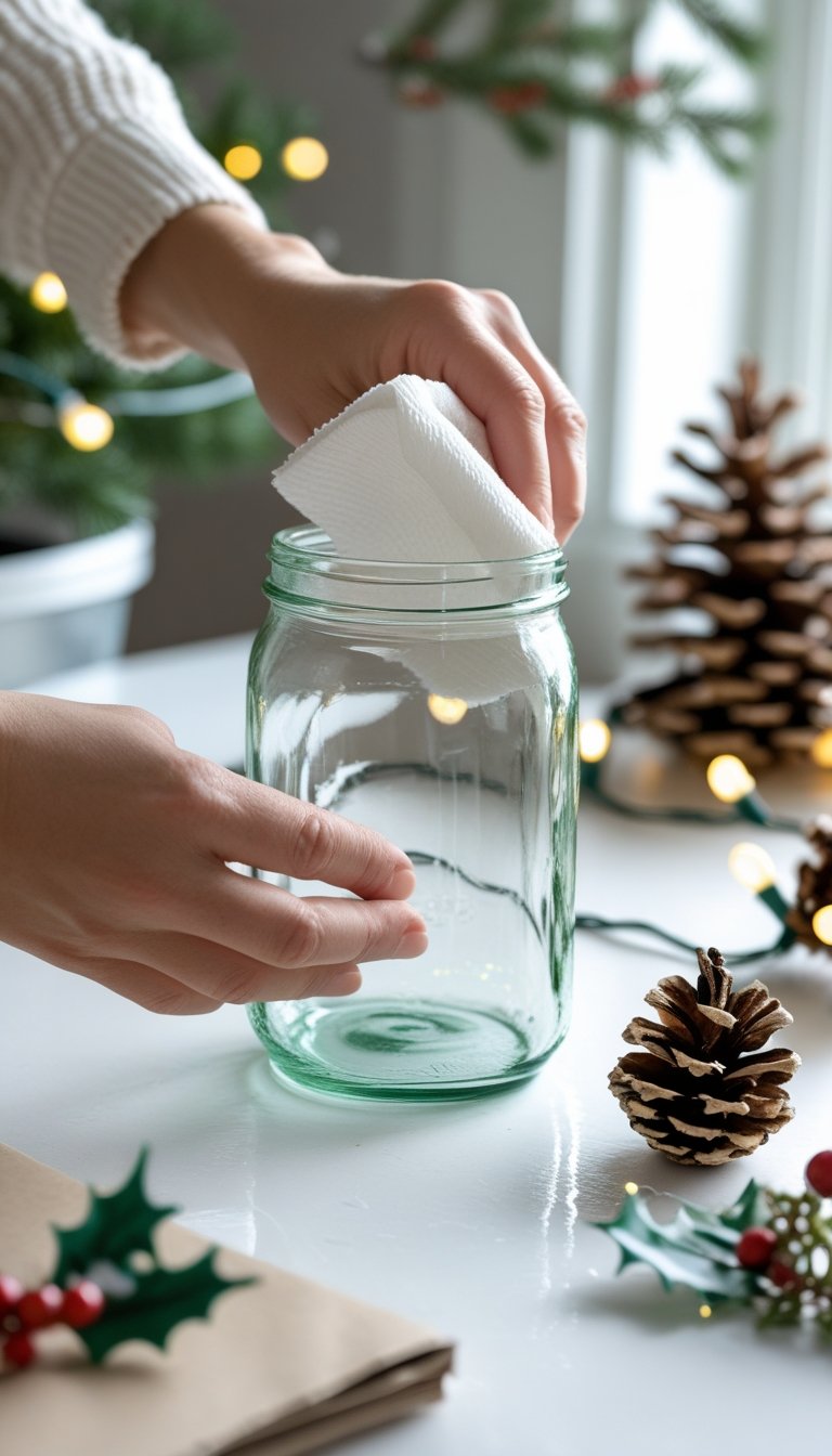 Hands cleaning a glass jar on a table with holiday craft supplies in the background.