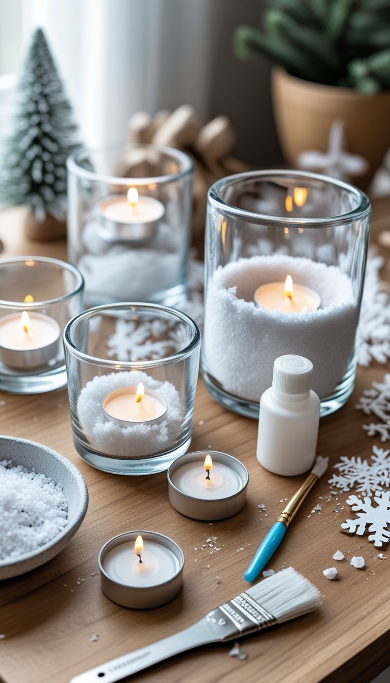 A table with materials and tools arranged for making a DIY snow candle holder, including glass holders, faux snow, tealight candles, glue, a paintbrush, and scissors.