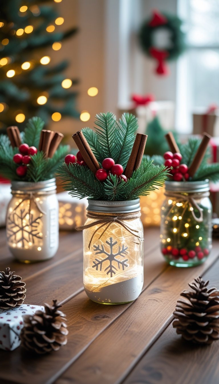 A wooden table with mason jars decorated for Christmas using pine branches, berries, fairy lights, and cinnamon sticks, set in a cozy home environment with a Christmas tree and lights in the background.