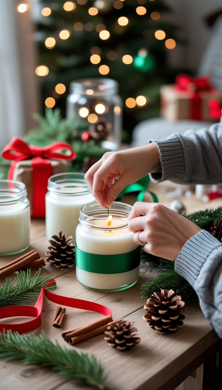 Hands assembling a Christmas candle jar on a wooden table with crafting materials and festive decorations in the background.