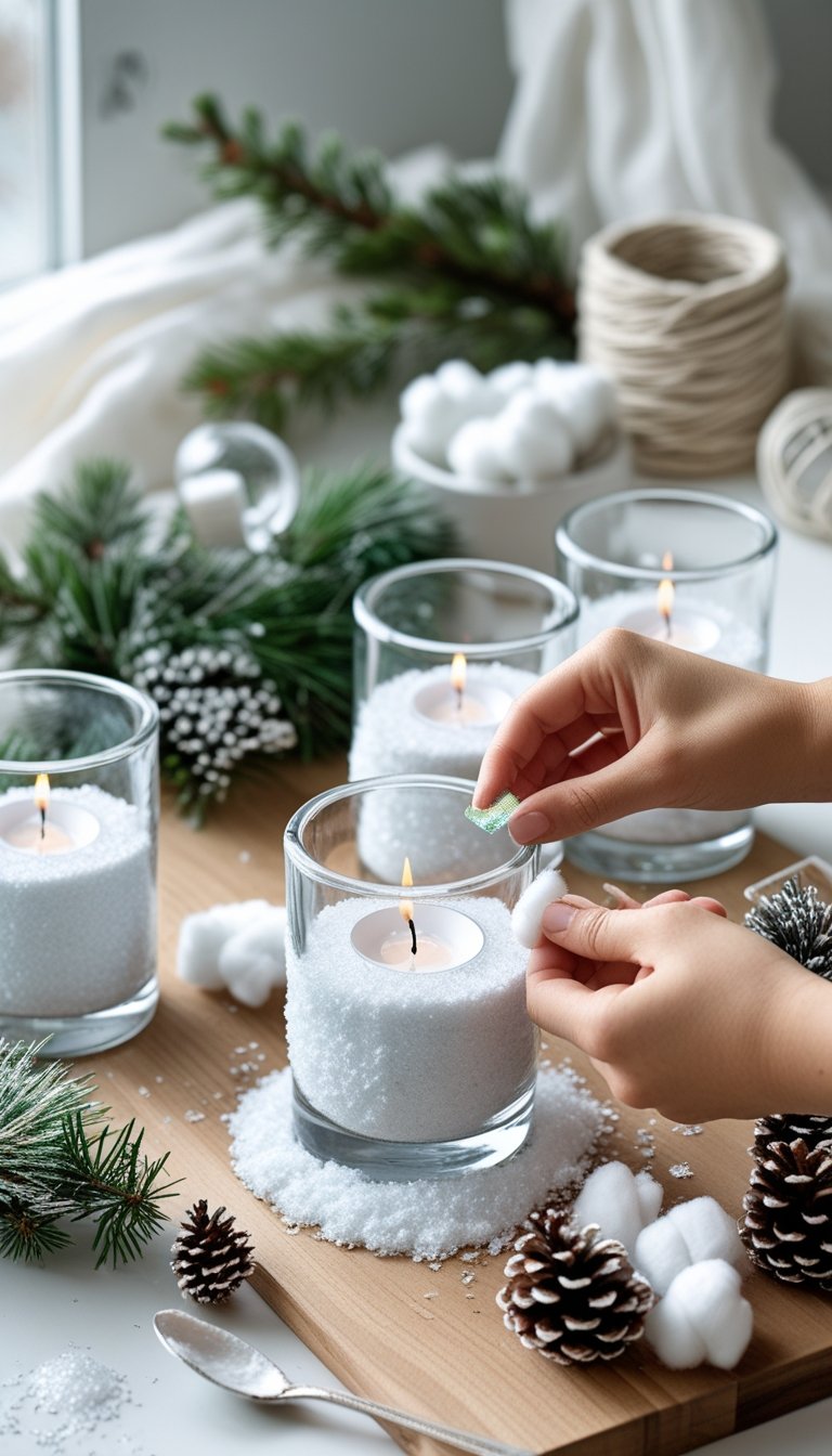 Hands crafting a DIY snow candle holder on a wooden table surrounded by craft supplies and winter decorations.