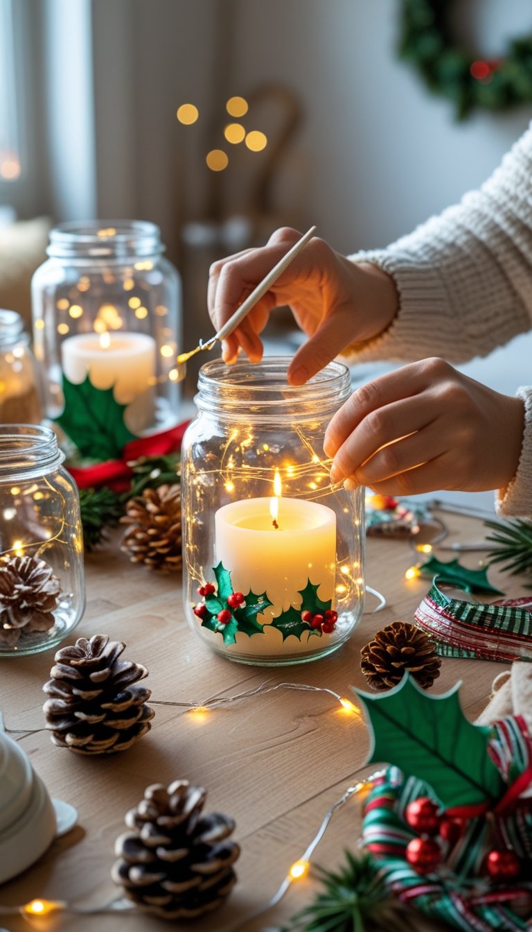 Hands decorating a glass jar with holiday decorations and a candle inside on a wooden table with crafting supplies.