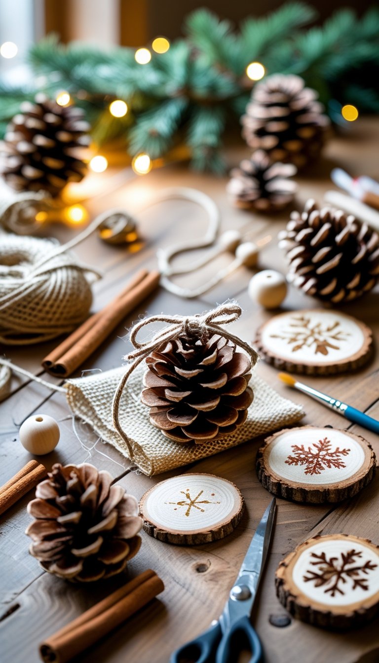 A wooden table with materials and tools for making rustic Christmas ornaments, including pine cones, cinnamon sticks, twine, and wooden slices, arranged in a cozy home craft setting.