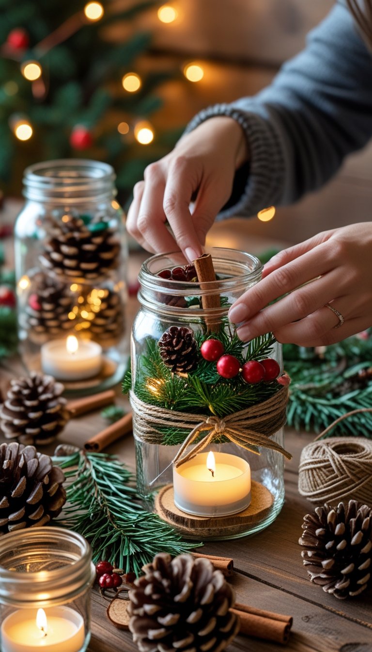 Hands arranging decorations inside mason jars on a wooden table to create Christmas luminaries with festive craft supplies nearby.