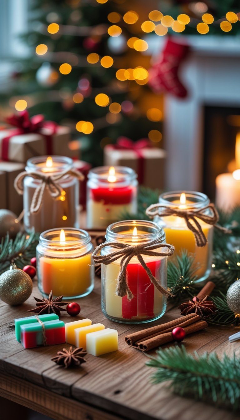 A cozy workspace with glass candle jars, wax, wicks, and Christmas decorations on a wooden table, surrounded by festive holiday elements.