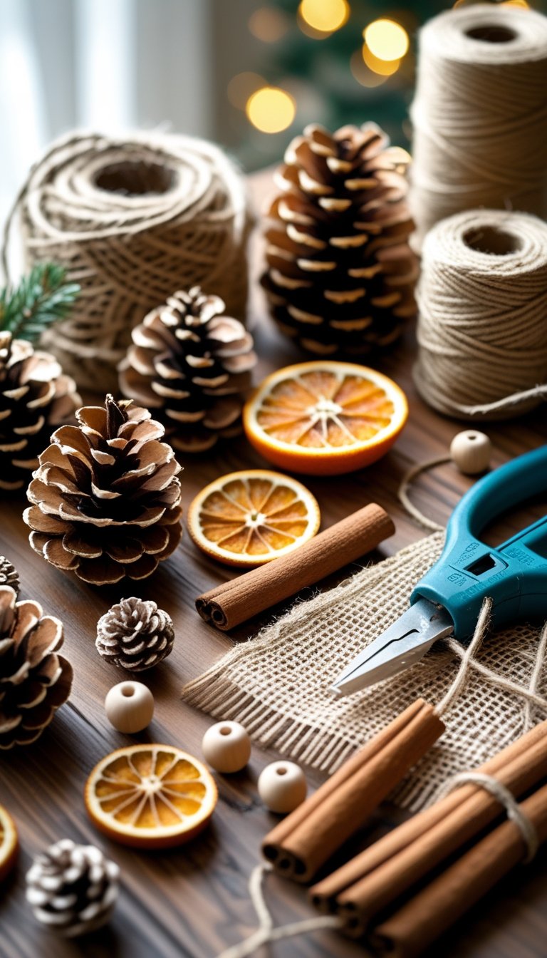 A table with natural materials and crafting tools arranged for making rustic Christmas ornaments.