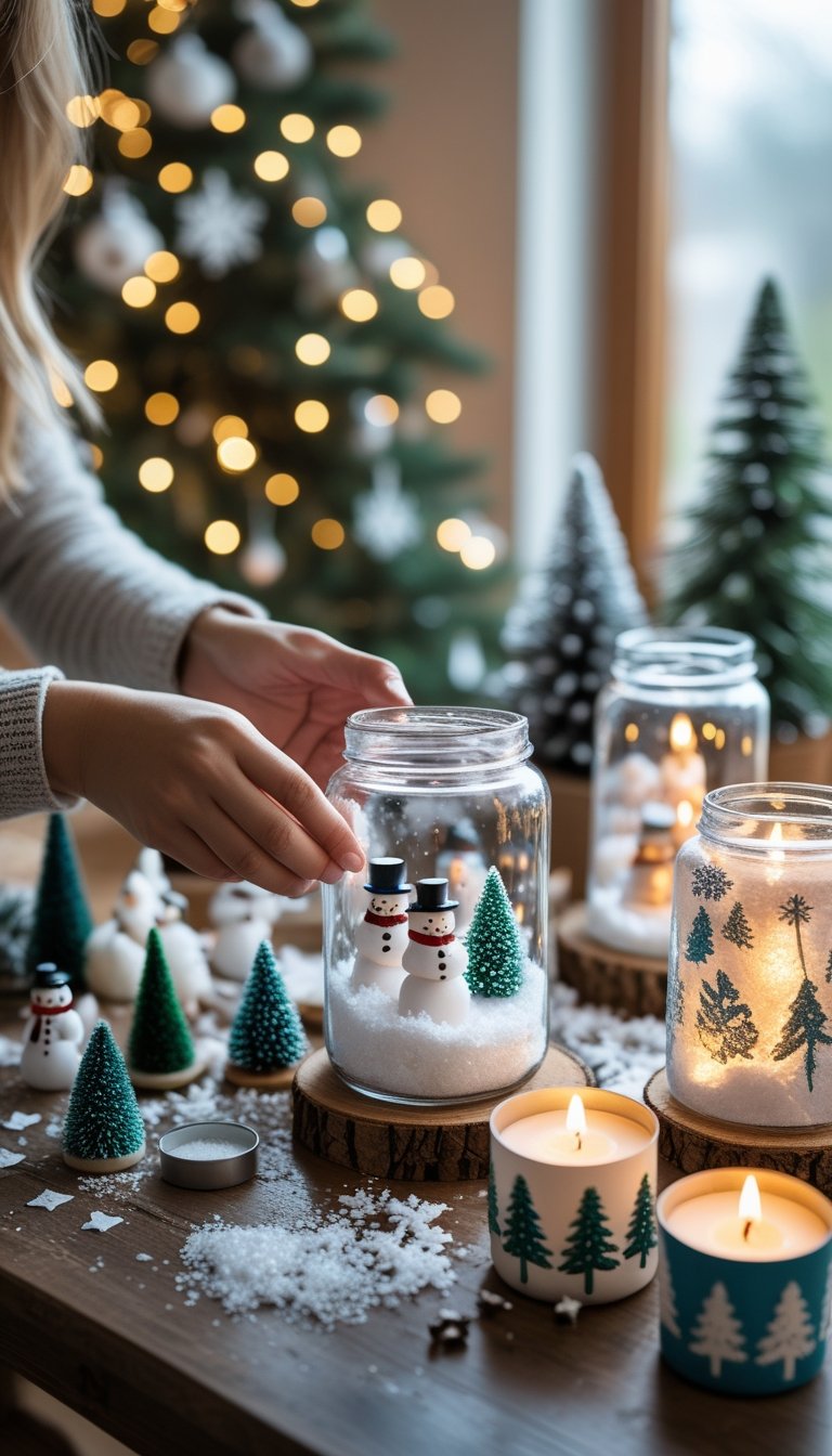 Hands assembling a DIY snow globe and themed candle holders on a wooden table with crafting materials and lit candles nearby.