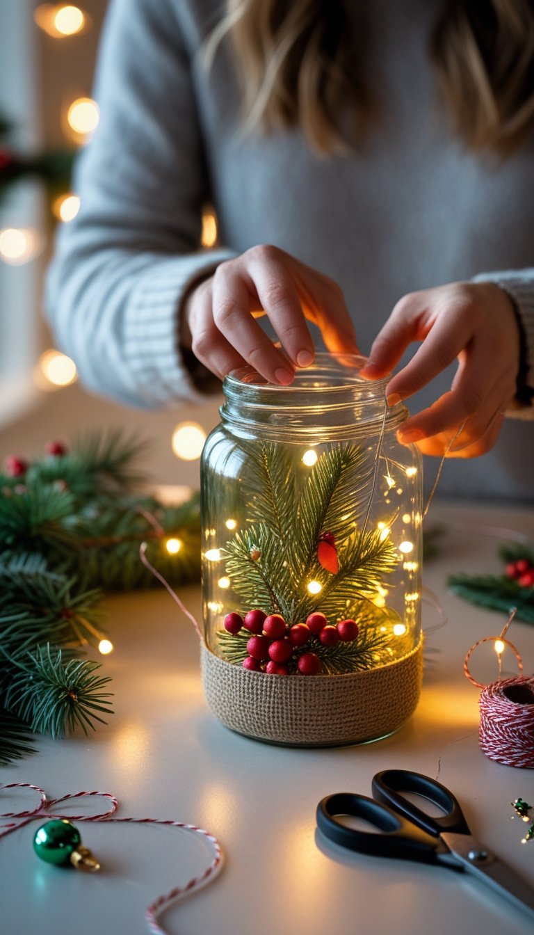 Hands assembling a holiday lantern jar with pine branches, berries, and fairy lights on a workspace with crafting tools.