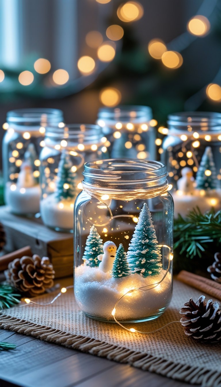 Several mason jars decorated as snow globes and illuminated winter scenes on a wooden table with holiday decorations.