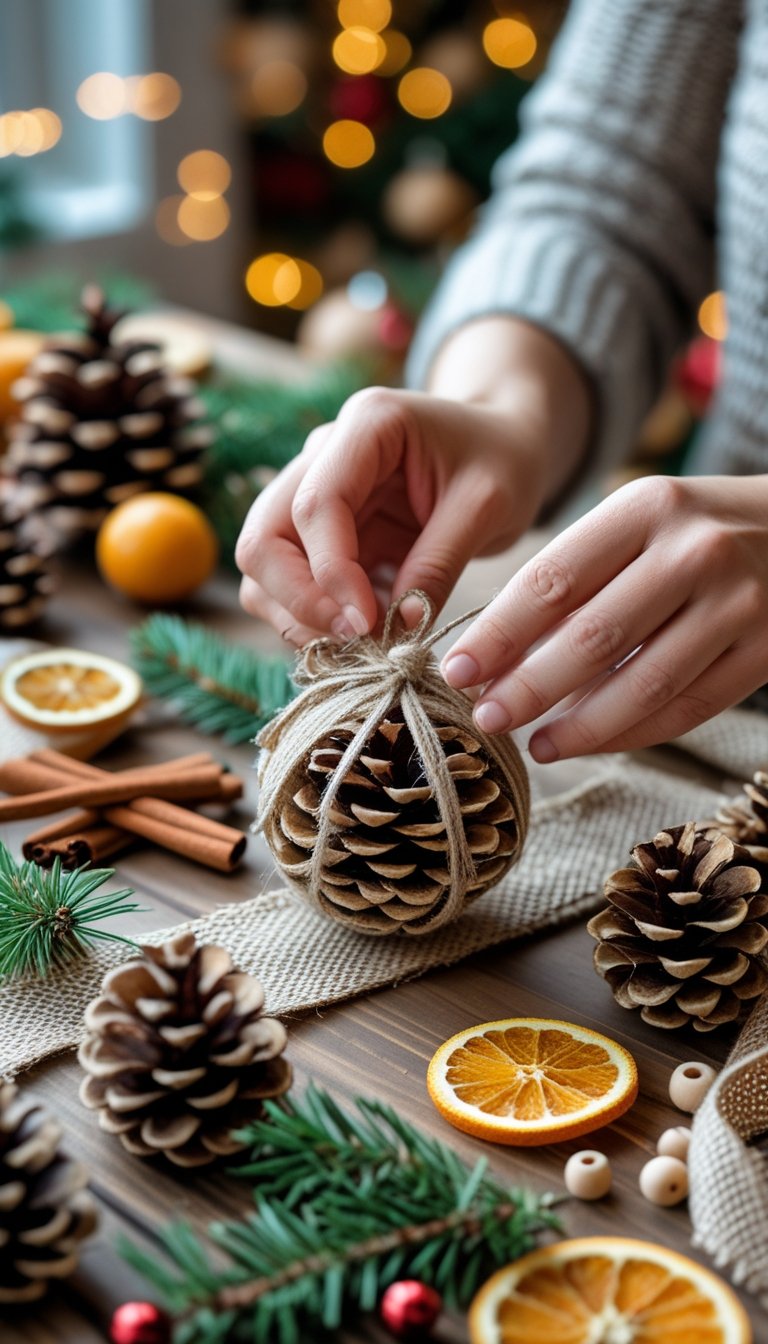 Hands crafting rustic Christmas ornaments on a wooden table with natural materials like pinecones, twine, and dried orange slices.