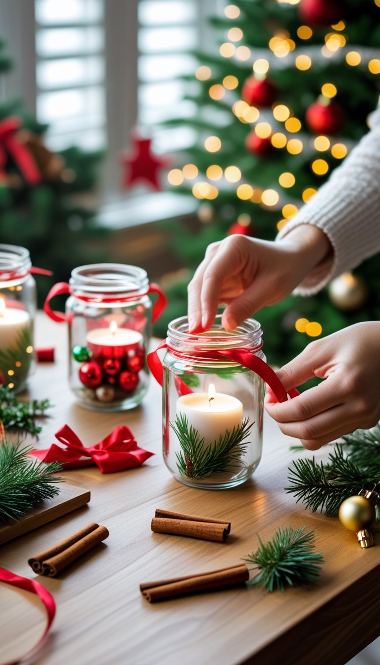 Hands decorating glass candle jars with ribbons and festive materials on a wooden table in a cozy home setting.