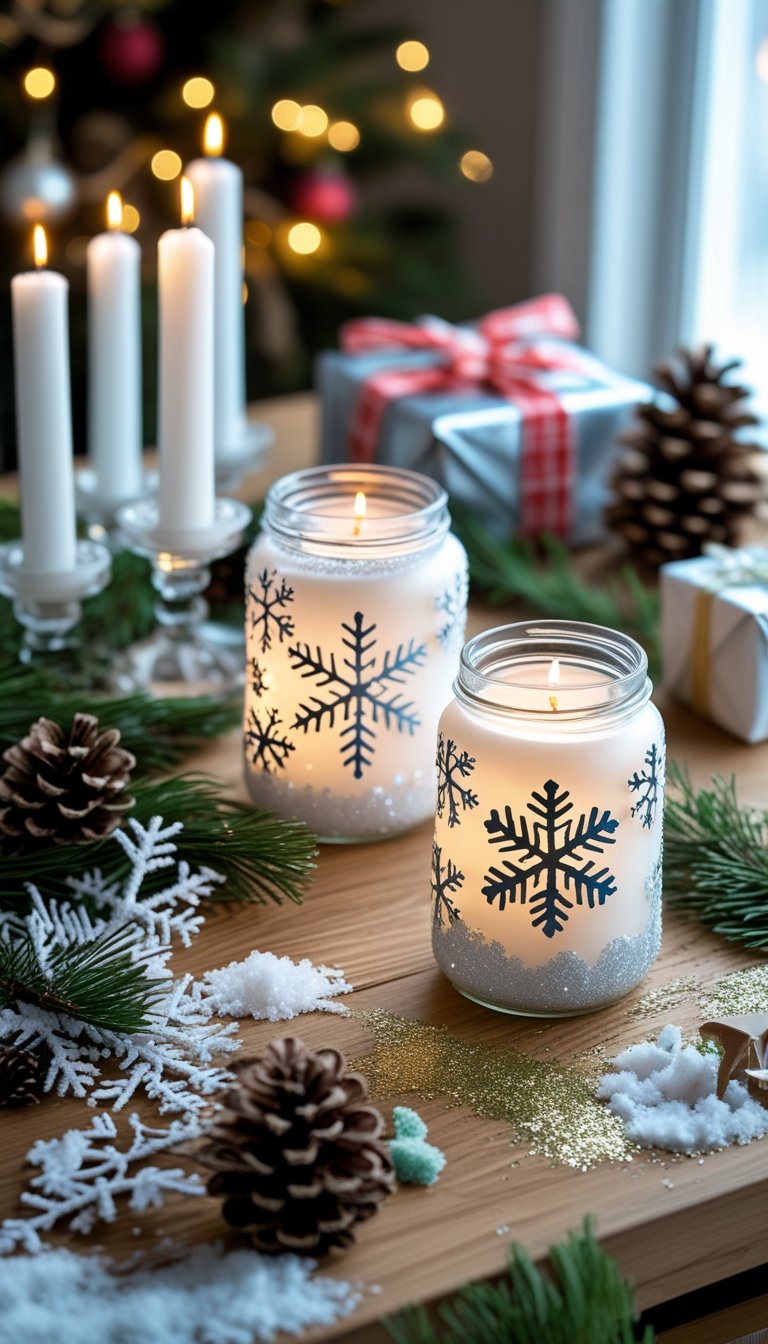 A homemade snowflake candle holder on a wooden table surrounded by holiday craft materials and festive decorations.