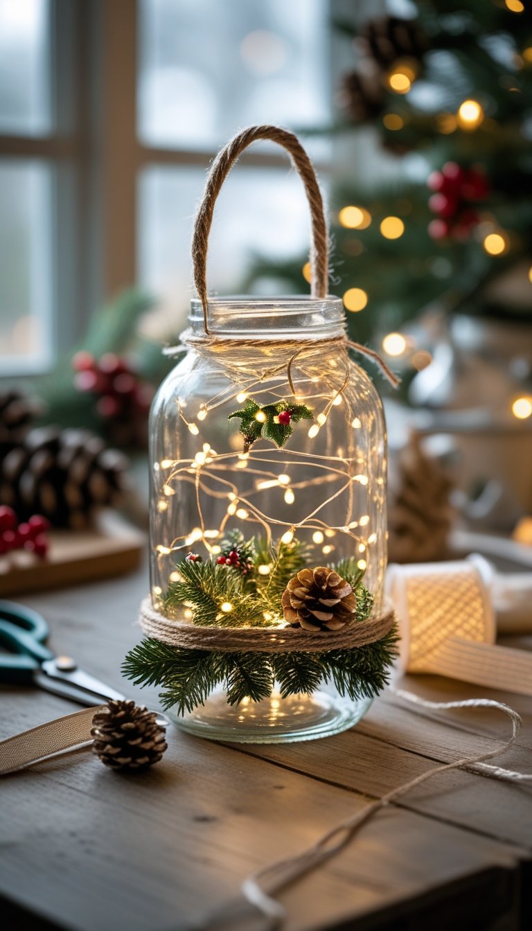 A decorated glass jar with twine handle and holiday embellishments glowing softly on a wooden table surrounded by crafting materials.