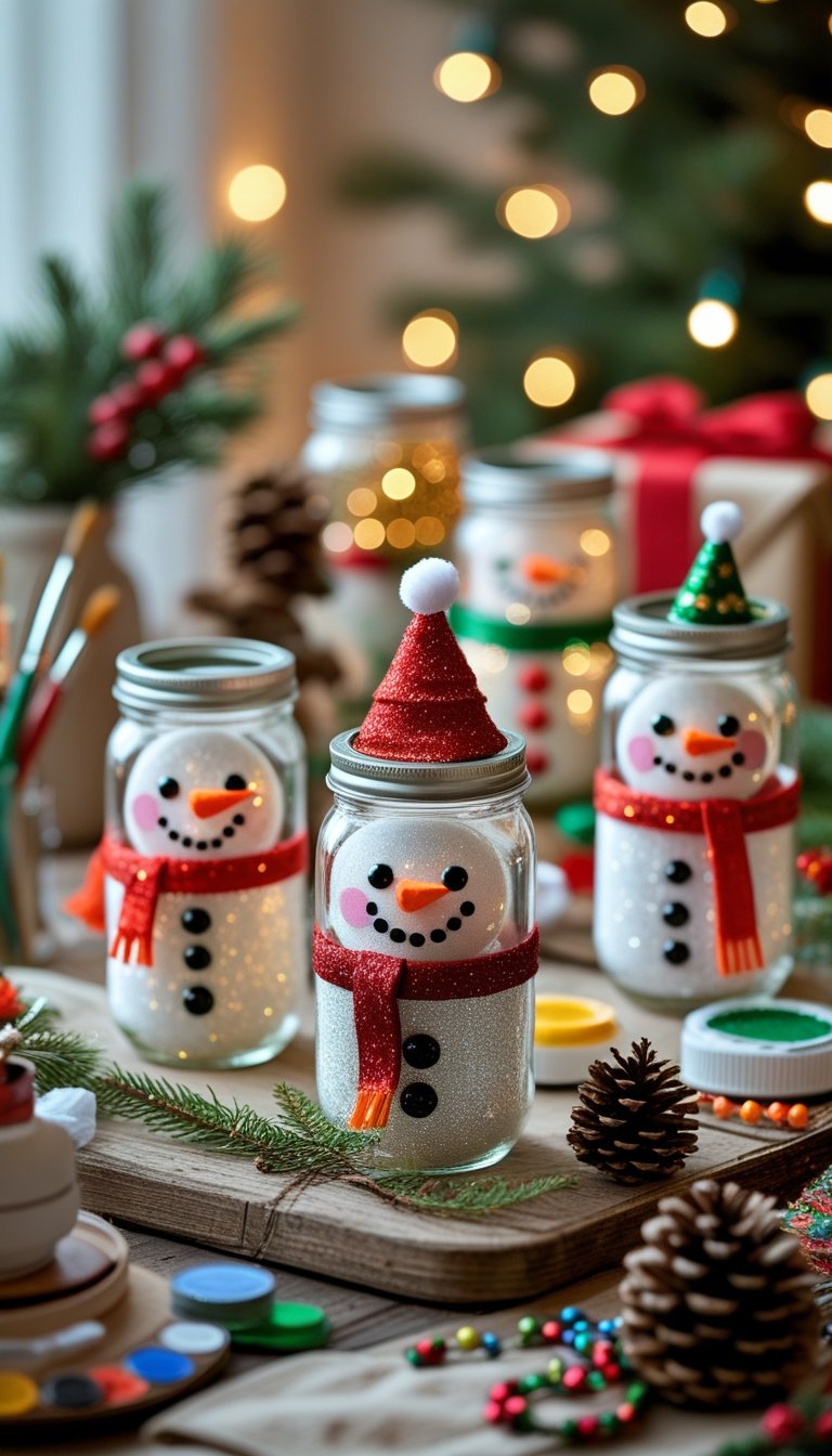 A table with decorated mason jars featuring snowmen, Santa Claus, and other Christmas characters surrounded by craft supplies and holiday decorations.